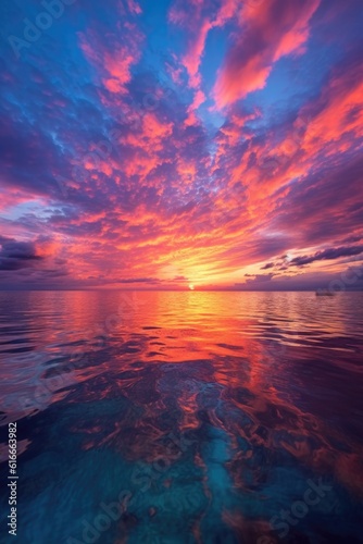 vibrant sunset over a calm ocean horizon  created with generative ai