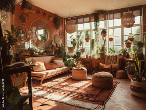 Retro green plant decoration home living room interior