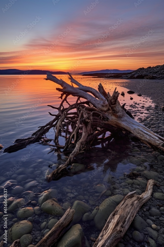 driftwood and seaweed washed ashore at sunset, created with generative ai