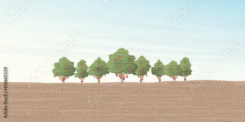 Cocoa tree landscape vector illustration with blank space. Cacao plant childish style flat design background.