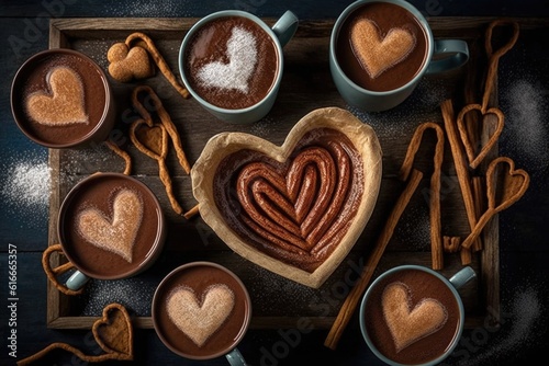 heart-shaped churros surrounded by cups of hot chocolate on a cold winter afternoon, created with generative ai