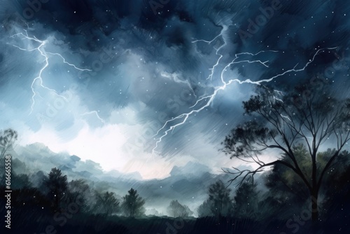 watercolor painting of stormy night sky, with flashes of lightning and rolling thunder, created with generative ai