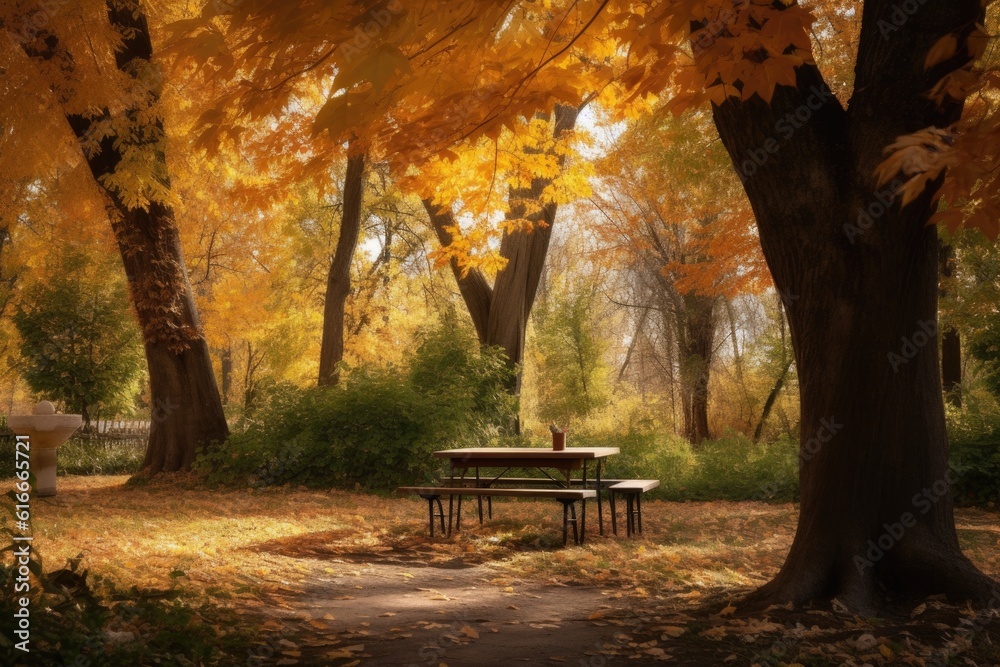 fall foliage in a peaceful park, with a bench and picnic basket for afternoon tea, created with generative ai