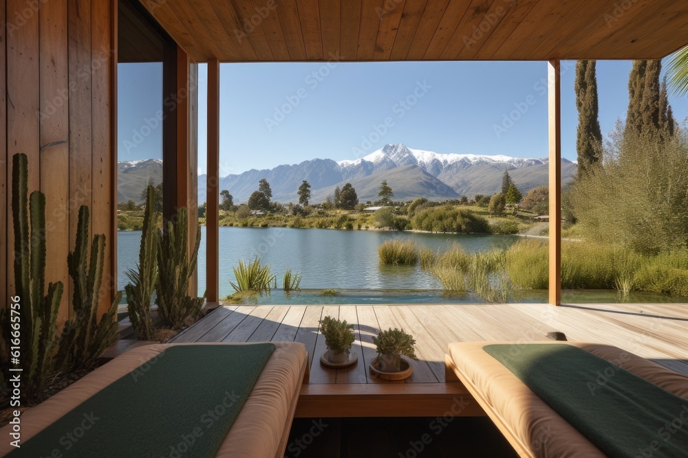 wellness retreat, with view of tranquil lake and mountains in the background, created with generative ai
