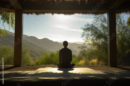 person, meditating in tranquil surroundings, with view of the outdoors, created with generative ai