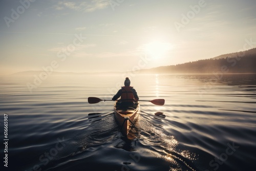water-sports enthusiast paddling among serene lake scenery  created with generative ai
