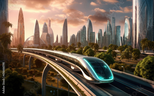 High speed magnetic levitation train moving fast over an elevated track next to a futuristic town. 