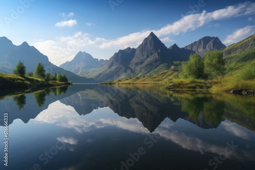 peaceful lake surrounded by towering mountains, with reflections of the peaks visible on the water, created with generative ai © Natalia