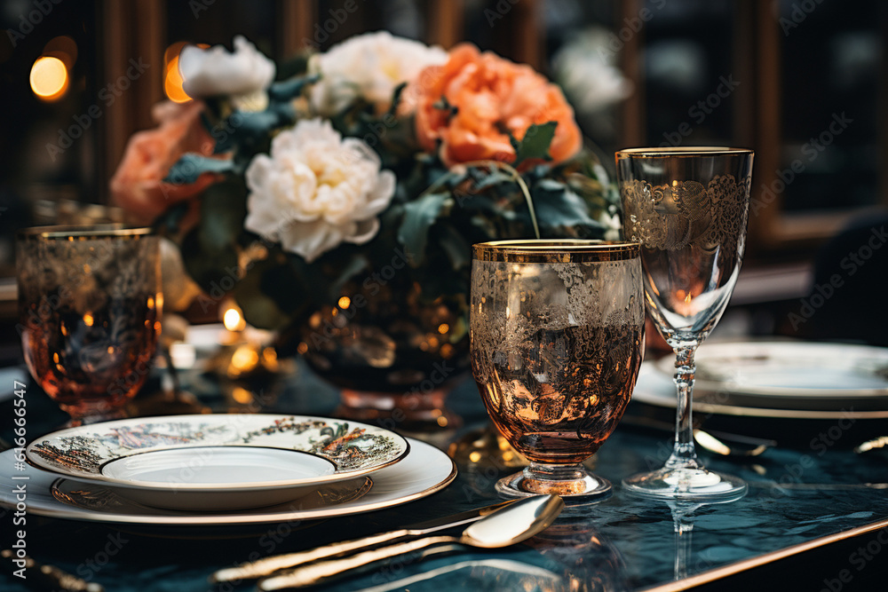 Lavish Table Settings with Fine China, Crystal Glasses, and Silverware Generative AI Lavish Table Settings with Fine China, Crystal Glasses, and Silverware Generative AI