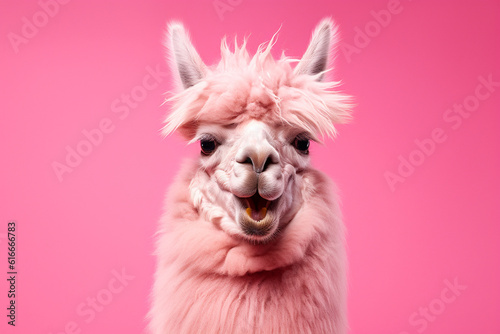 portrait of a fluffy pink fur llama on a bright pink background created with AI generative tools