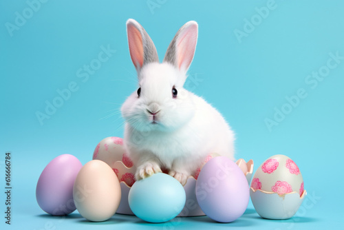 white Easter bunny with pastel color Easter eggs on a light blue background created with AI generative tools