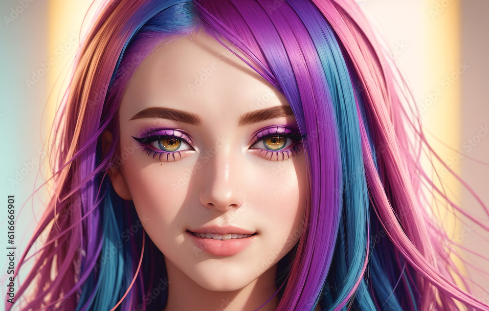 Fashion portrait of a beautiful woman with multi colored hair. Generative AI. Fashion portrait of a beautiful woman with multi colored hair. Generative AI.