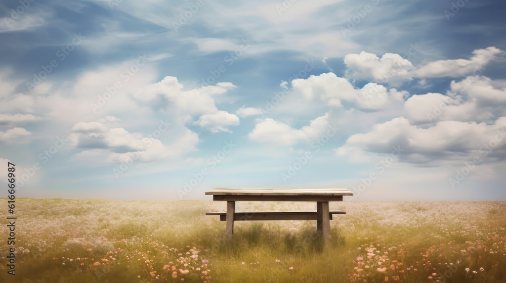 Wooden table with beautiful flower meadow and cloudy sky