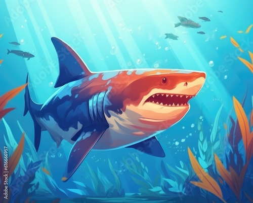 A great white shark swims in the sea. (Illustration, Generative AI)