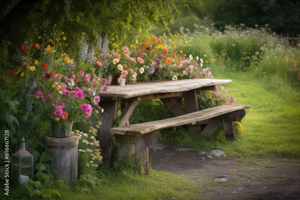 rustic picnic table surrounded by blooming flowers, ideal for a romantic evening, created with generative ai