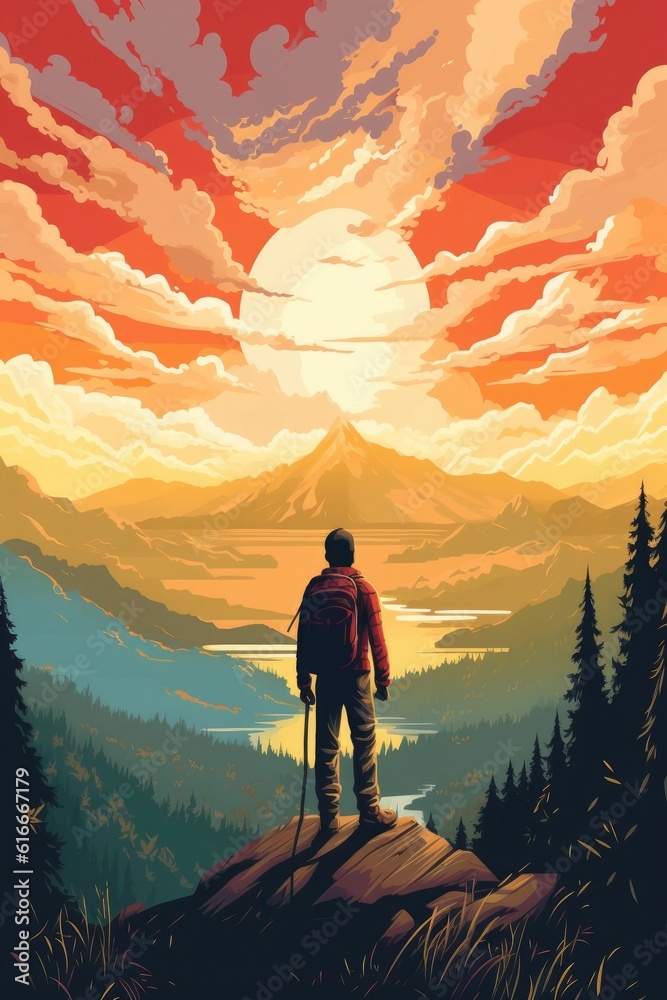 A hiker on mountain enjoying scenic view. (Illustration, Generative AI)