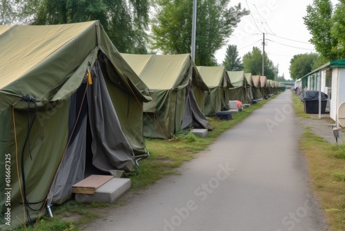 tents in a row, forming part of a military base, created with generative ai © Natalia
