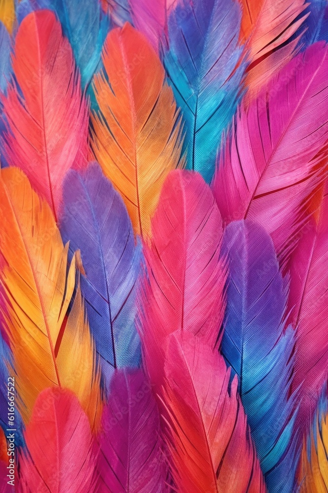 close-up of vibrant feathers in a fan arrangement, created with generative ai close-up of vibrant feathers in a fan arrangement, created with generative ai