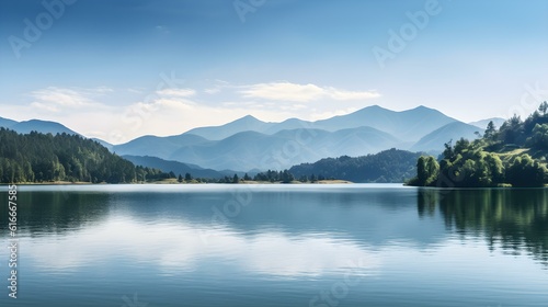 Panoramic View of a Lake with Mountains in the Distance