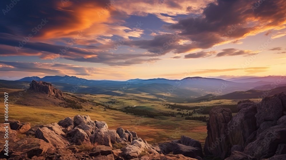Rocky mountains range and clouds sunset landscape Travel view wilderness nature tranquil scenery Generative AI