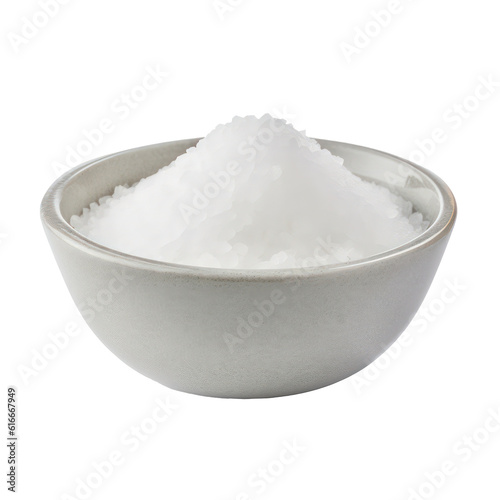 Coarse sea salt in white bowl isolated on transparent background. Generative AI.