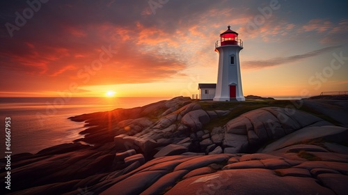 Sunset behind the lighthouse at Peggy's Cove near Halifax, Nova Scotia Canada Generative AI
