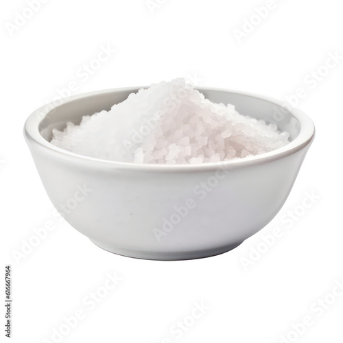 Coarse sea salt in white bowl isolated on transparent background. Generative AI.
