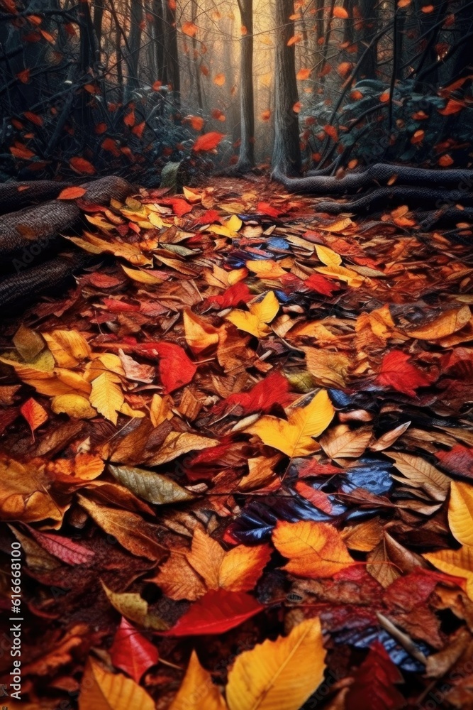 colorful autumn leaves scattered on a forest floor, created with generative ai