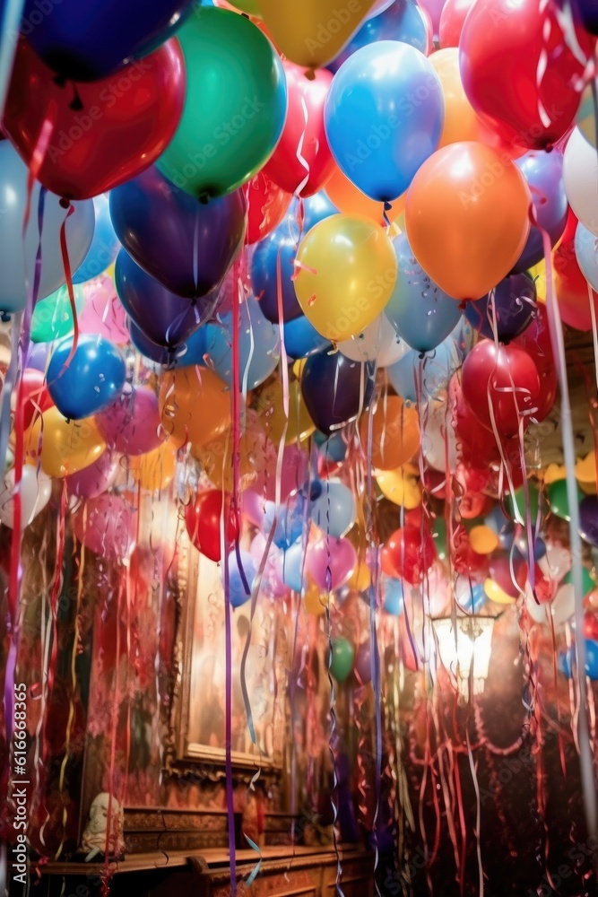 custom made wallpaper toronto digitalclose-up of balloons and streamers hanging from ceiling, created with generative ai