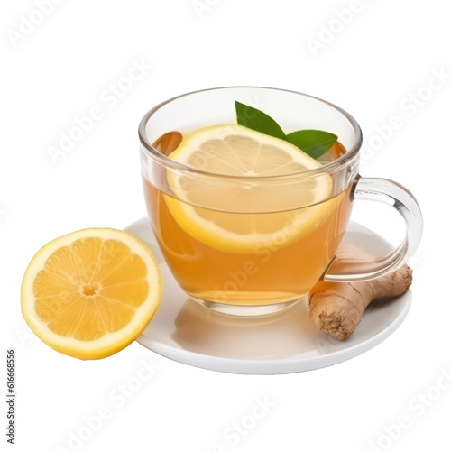 Hot tea with lemon and ginger in a glass mug isolated on transparent background. Generative AI.