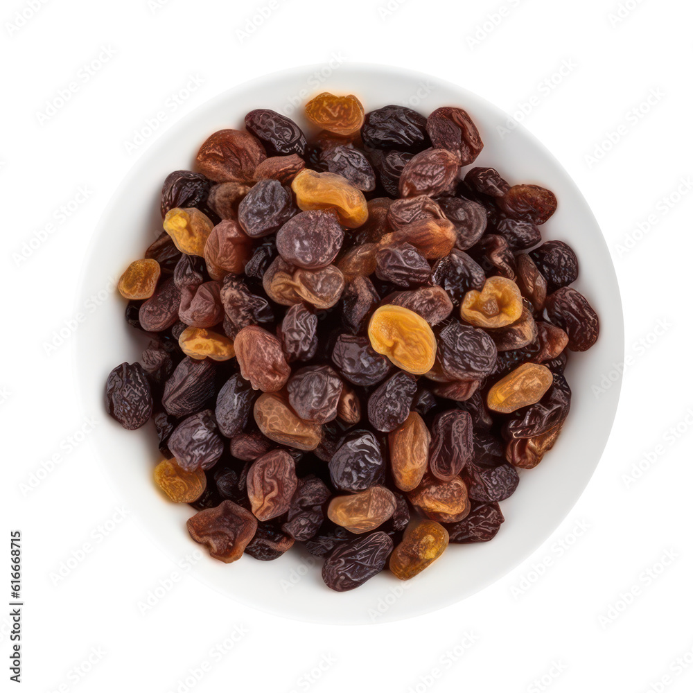 Sultanas raisin in white bowl isolated on transparent background. Generative AI.