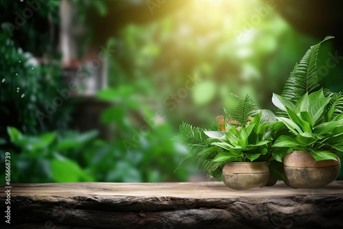 Blurred Green Nature Background with Wooden Table and Copy Space. Product Display. Generative AI illustrations