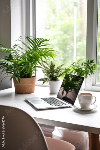 office workspace with laptop, coffee cup, and plant on a white desk, created with generative ai