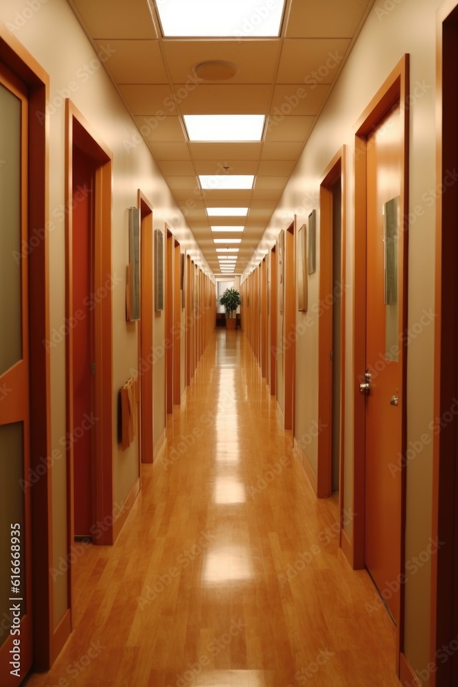 office hallway with multiple closed doors, created with generative ai
