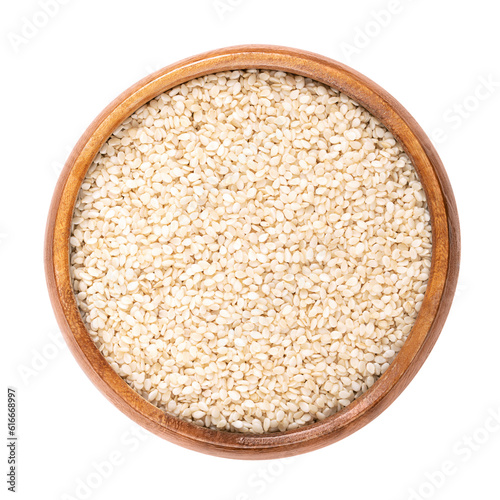 Hulled sesame seeds, white sesame in a wooden bowl. Sesamum indicum, also called benne, with rich and nutty flavor, and with one of the highest oil content of any seed. Isolated, macro food photo.