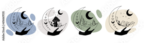 Winter mystical moon collection with colored shapes on white background. Witch elements. Vector illustration