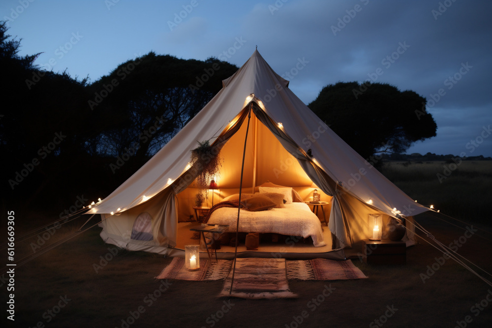 canvas travel vacation camping light forest luxury nature tent glamping. Generative AI.