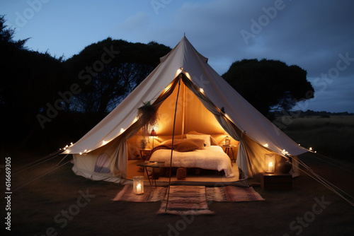 canvas travel vacation camping light forest luxury nature tent glamping. Generative AI.