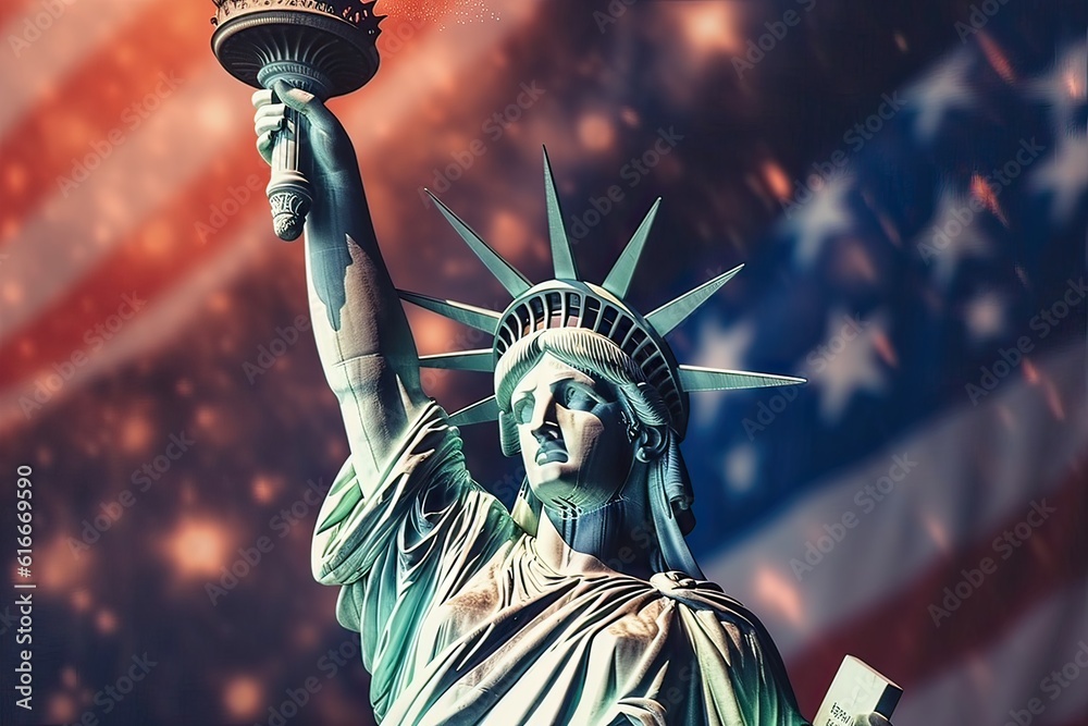 Fototapeta premium Generative AI illustration of Happy 4th of July with the statue of liberty. Close up, background, Fireworks