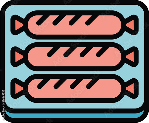 Bbq sausage icon outline vector. Fork grill. Meat pork color flat