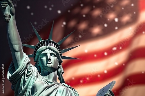 Generative AI illustration of Happy 4th of July with the statue of liberty. Close up, background, Fireworks
