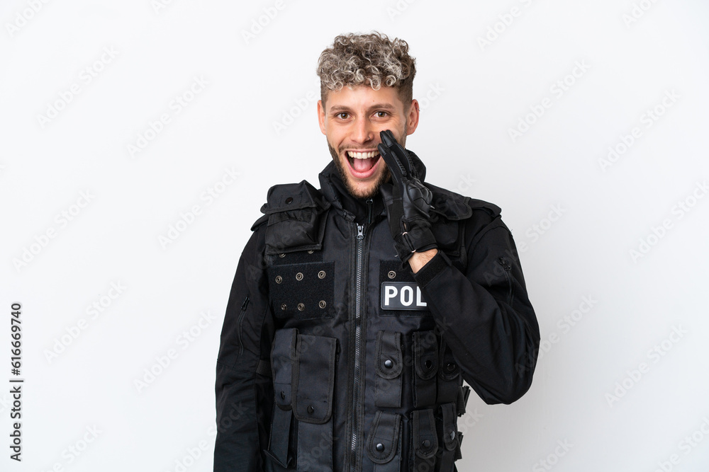 SWAT caucasian man isolated on white background with surprise and shocked facial expression SWAT caucasian man isolated on white background with surprise and shocked facial expression