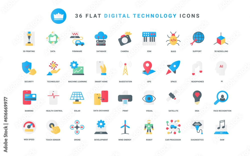Vector illustration set of trendy flat color icons digital technology ...