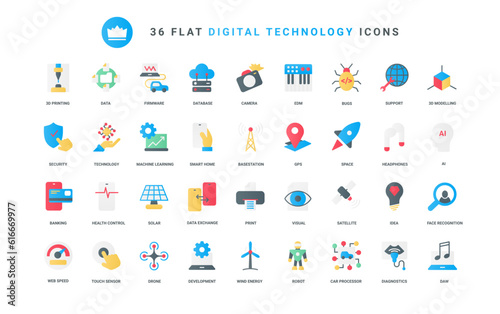 Vector illustration set of trendy flat color icons digital technology, internet communication, machine development, learning, 3d model printing, apps for health control recognition and diagnostics.
