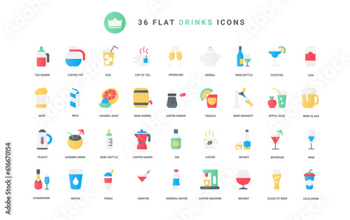 Beverage menu collection with cold fresh water, alcohol cocktails or juice and hot drinks, champagne wine glasses, coffee and tea maker trendy flat icons vector illustration.