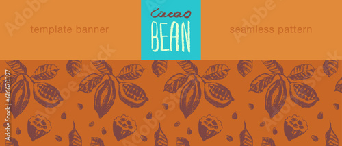 Panoramic template banner for Flavorful Organic Chocolate with hand-drawn Cocoa Beans Illustrations. Chocolate packaging design, cocoa powder label, organic cacao butter backdrop. Cocoa cosmetics.