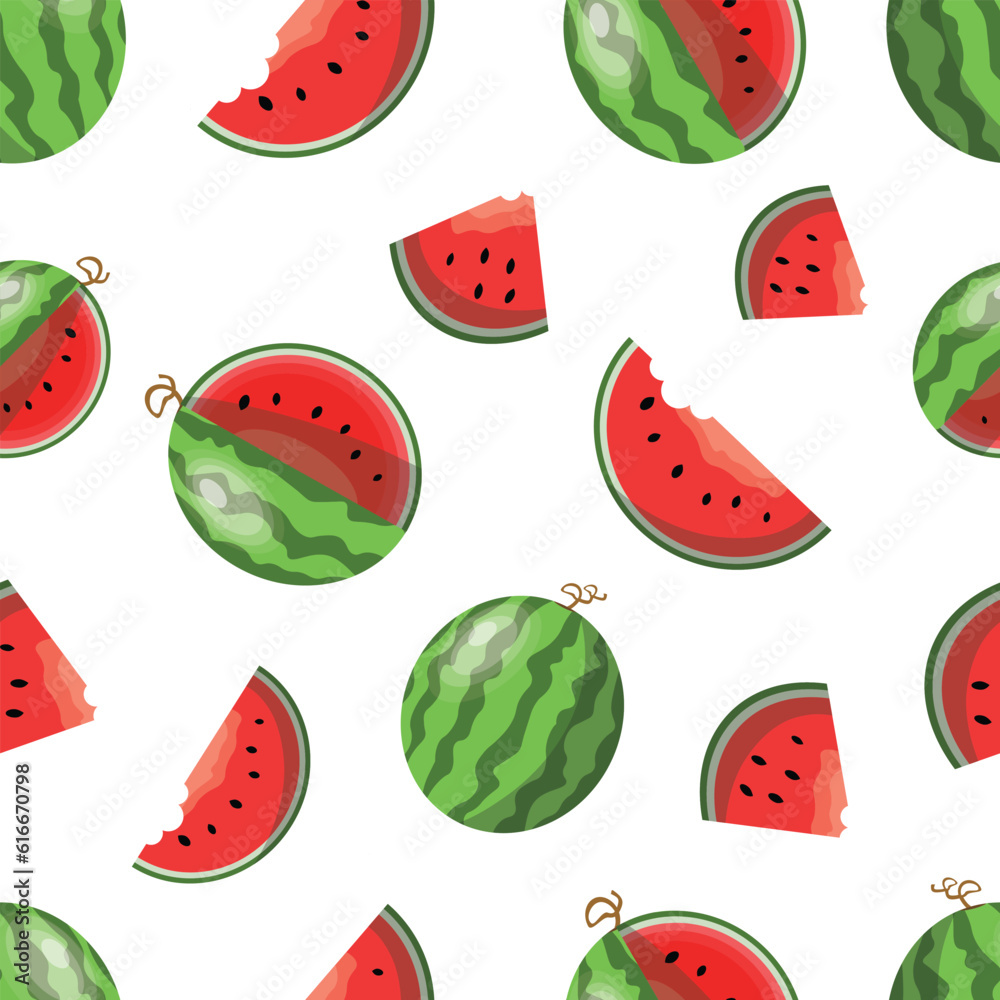 Vector watermelon seamless pattern. Fresh watermelon slices pattern with seeds. Summer fresh fruits texture on white background. Can be used as wallpaper, background, card or banner, website or print Vector watermelon seamless pattern. Fresh watermelon slices pattern with seeds. Summer fresh fruits texture on white background. Can be used as wallpaper, background, card or banner, website or print