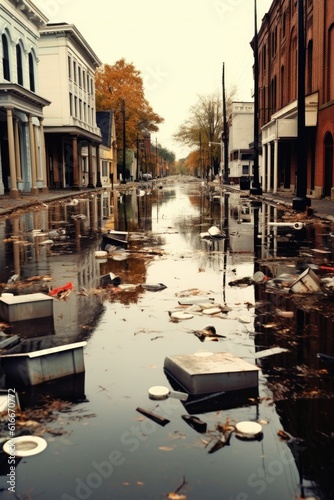 flooded streets with overturned trash cans, created with generative ai
