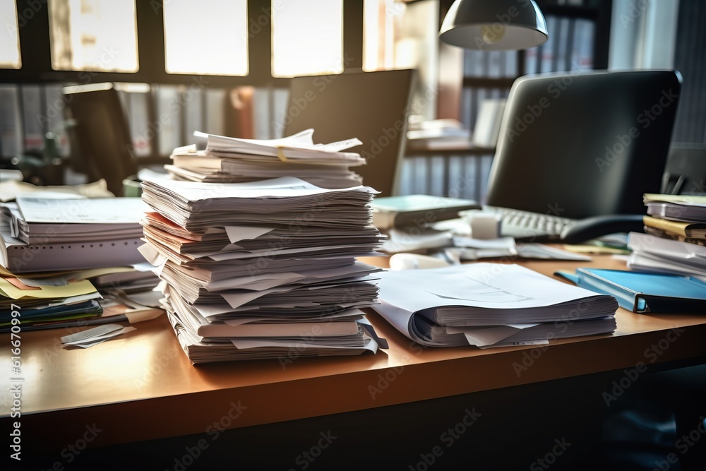 Close-up office desk with an organized stack of papers, heavy workload Close-up office desk with an organized stack of papers, heavy workload