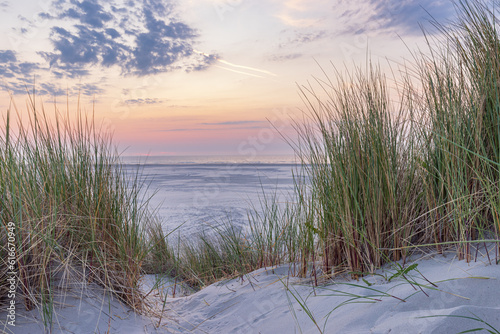 Dunes landscape during sunset at the beach of Wadden island Terschelling Friesland province in The Netherlands photo
